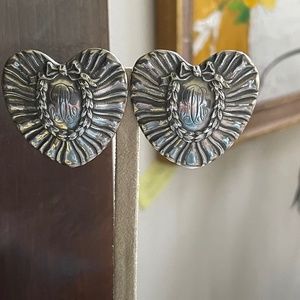 vintage big bold sterling silver heart shaped ribbon & bows clip earrings
